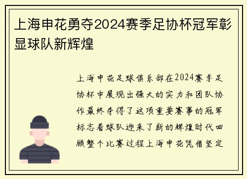 上海申花勇夺2024赛季足协杯冠军彰显球队新辉煌 上海申花勇夺2024赛季足协杯冠军彰显球队新辉煌
